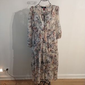 OPT Sheer Beige Floral Chiffon Dress Lined Layered V Neck M